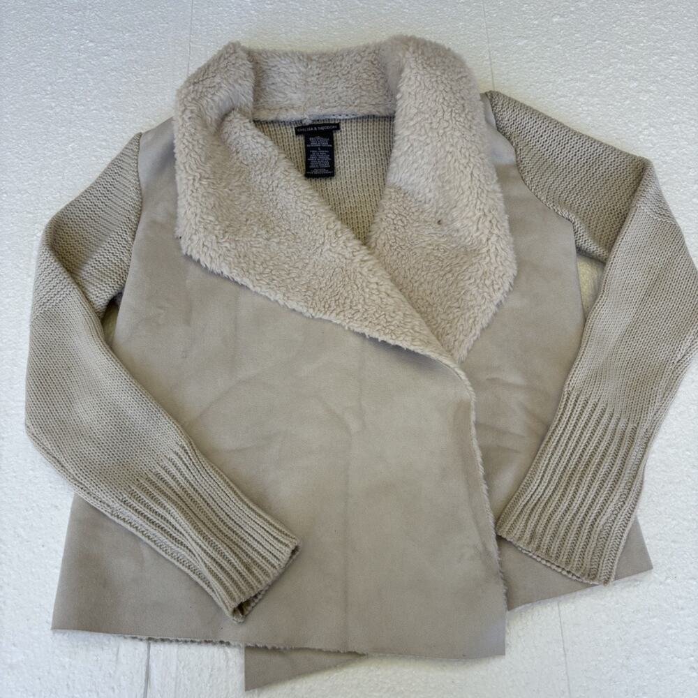 Chelsea & Theodore Faux Shearling Knit Cardigan Jacket Oyster Beige Large‎